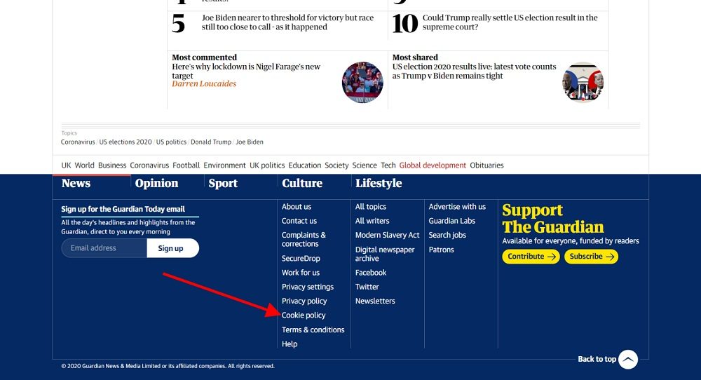 The Guardian website footer with Cookie Policy link highlighted