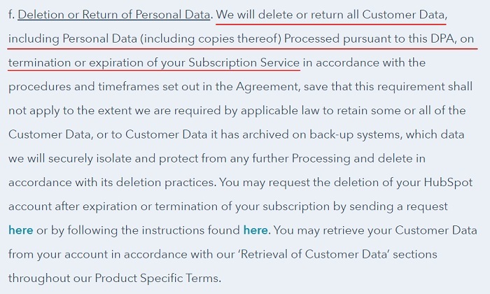 HubSpot DPA: Deletion or Return of Personal Data clause