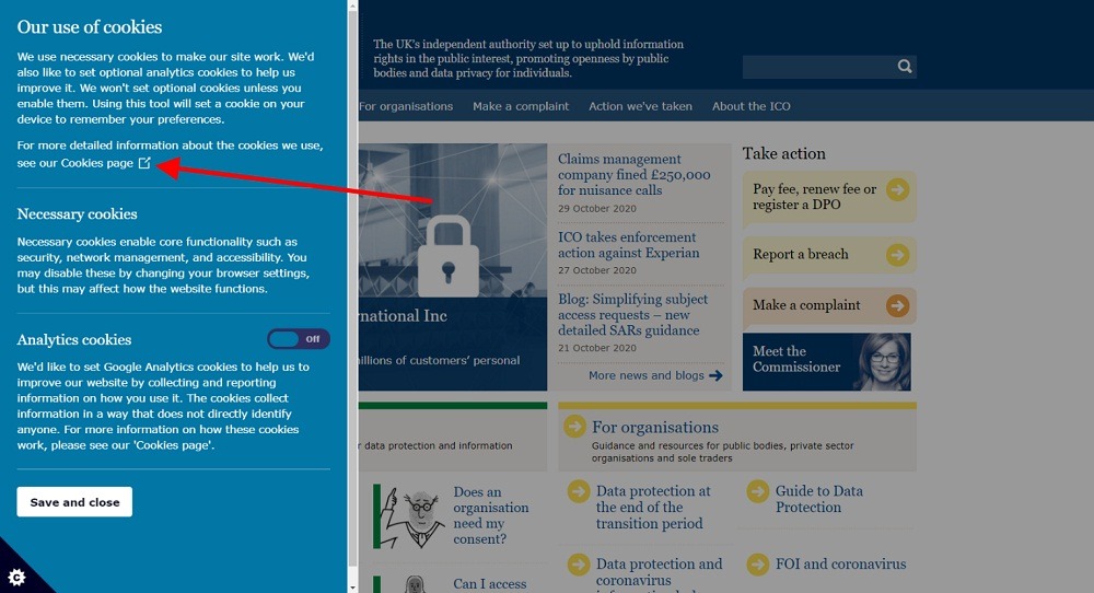 ICO Cookie Consent Notice with Cookies Policy page link highlighted