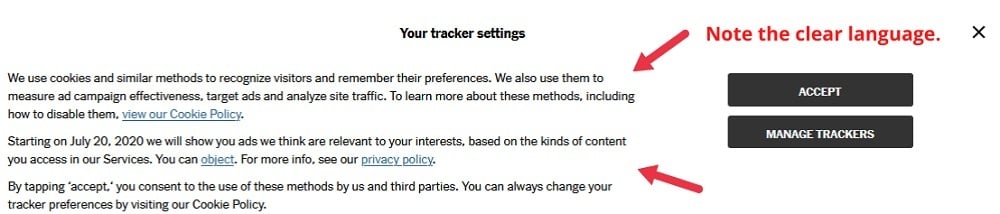 New York Times Cookie Notice - Tracker Settings