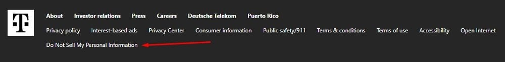 T-Mobile website footer with Do Not Sell My Personal Information link highlighted