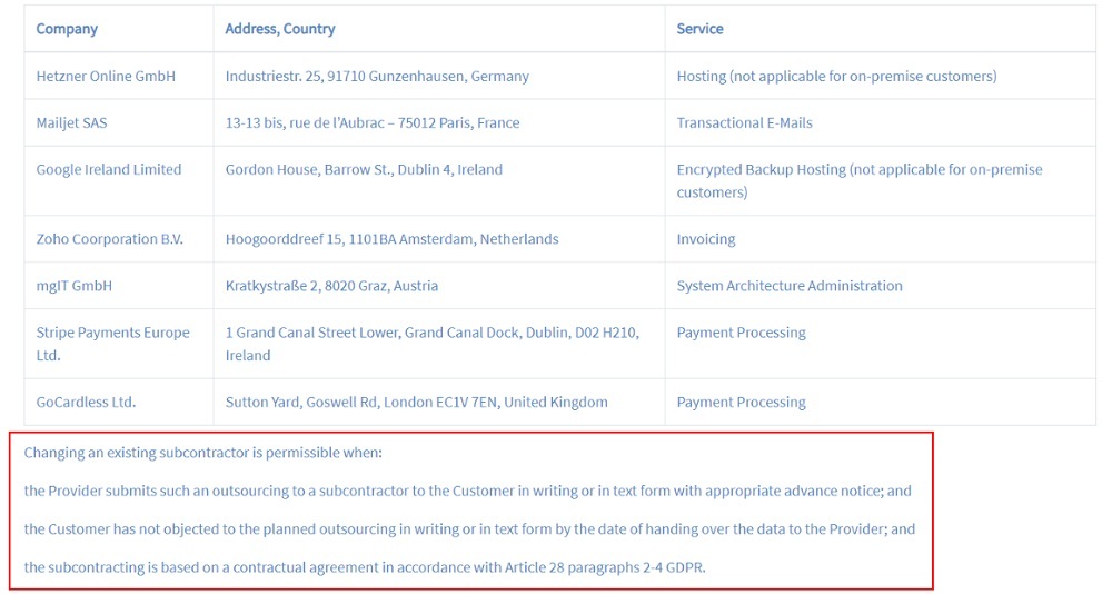 TimeTac DPA: Change of subcontractor permissible clause