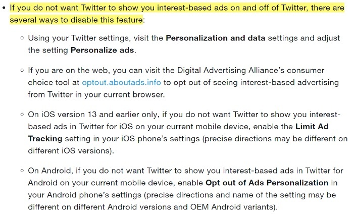 Twitter Help - General Guidelines and Policies - Privacy Options: Interest-based ads section