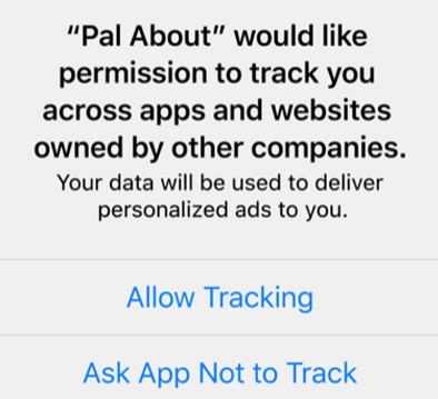 Screenshot of Apple User Privacy and Data's permission to track notification