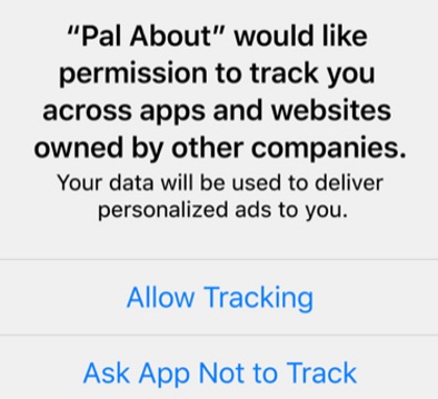 Screenshot of Apple User Privacy and Data's permission to track notification