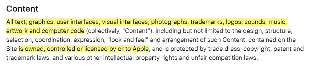 Apple Website Terms of Use: Excerpt of Content clause