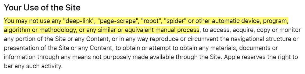 Apple Website Terms of Use: Excerpt Your Use of the Site clause