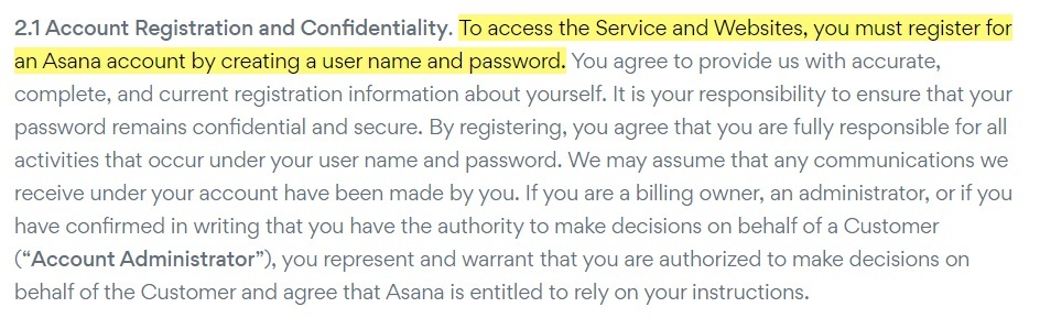 Asana Terms of Service: Account Registration and Confidentiality clause