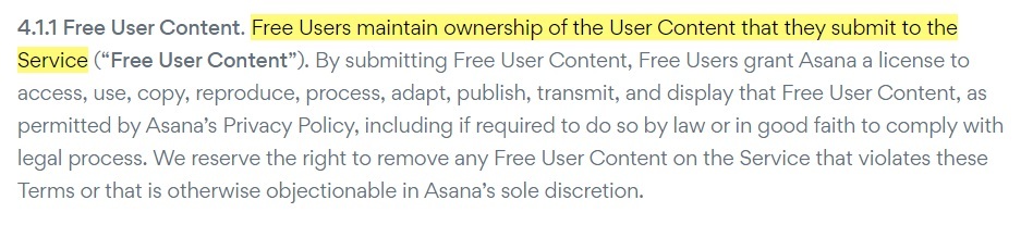 Asana Terms of Service: Free User Content clause