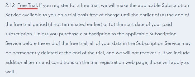 HubSpot Terms of Service: Free Trial clause