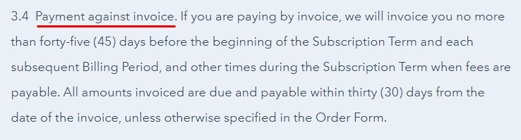 HubSpot Terms of Service: Payment against invoice clause