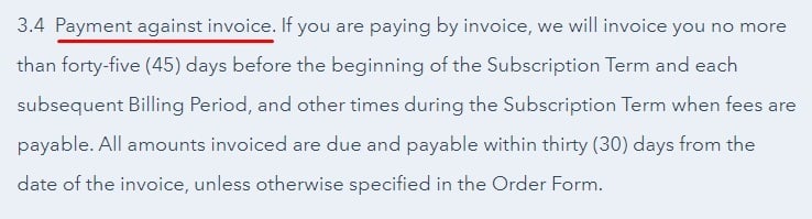 HubSpot Terms of Service: Payment against invoice clause