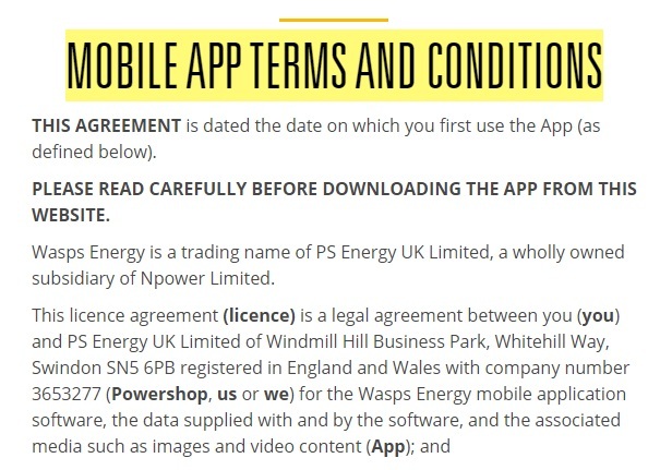 Wasps Energy Mobile App Terms and Conditions: Introduction clause