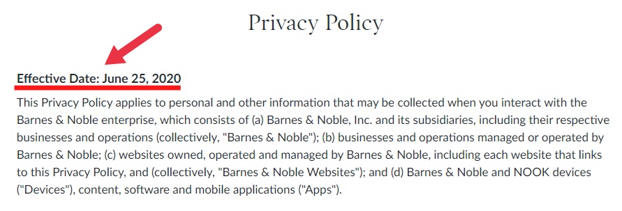 Barnes and Noble Privacy Policy with Effective Date highlighted