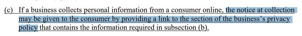 CCPA Regulations: Section 999 305 c - Notice at collection can be a link to a privacy policy