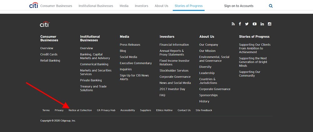 Citigroup website footer with Notice at Collection link highlighted