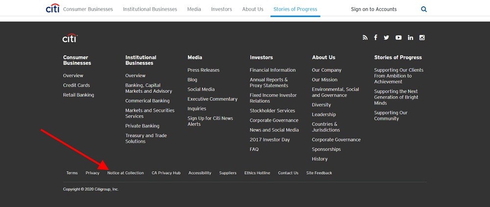 Citigroup website footer with Notice at Collection link highlighted