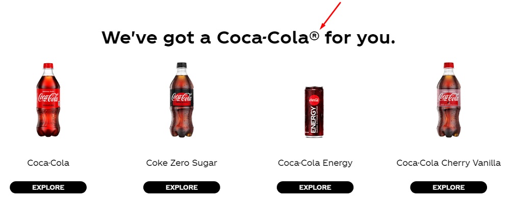 Coca-Cola website with trademark symbol highlighted
