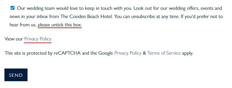 The Cooden Beach Hotel marketing communications sign-up form with pre-ticked checkbox