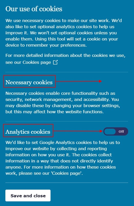 ICO cookie consent notice with necessary and analytics cookies