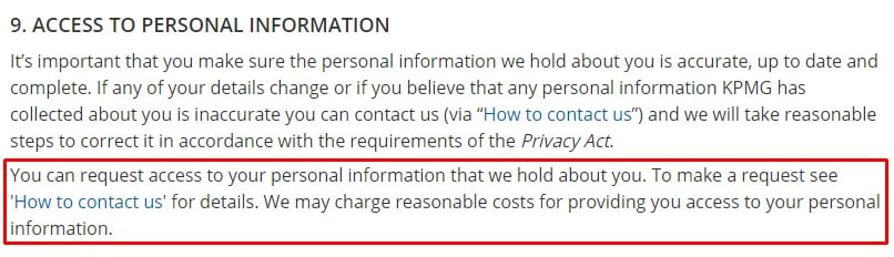 KPMG Privacy Policy: Access to Personal Information clause