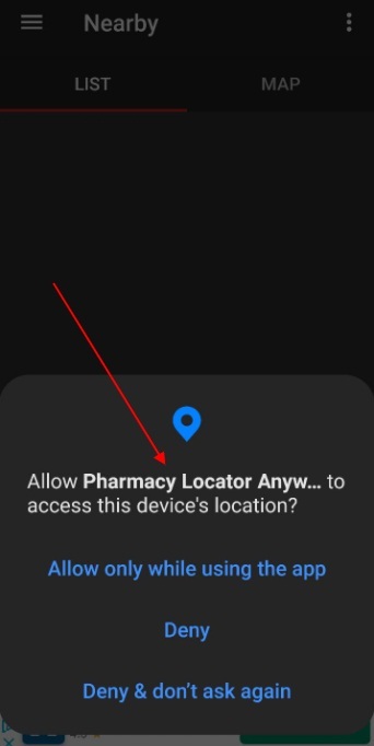 Pharmacy and Chemist Finder mobile app: Allow user location request notification