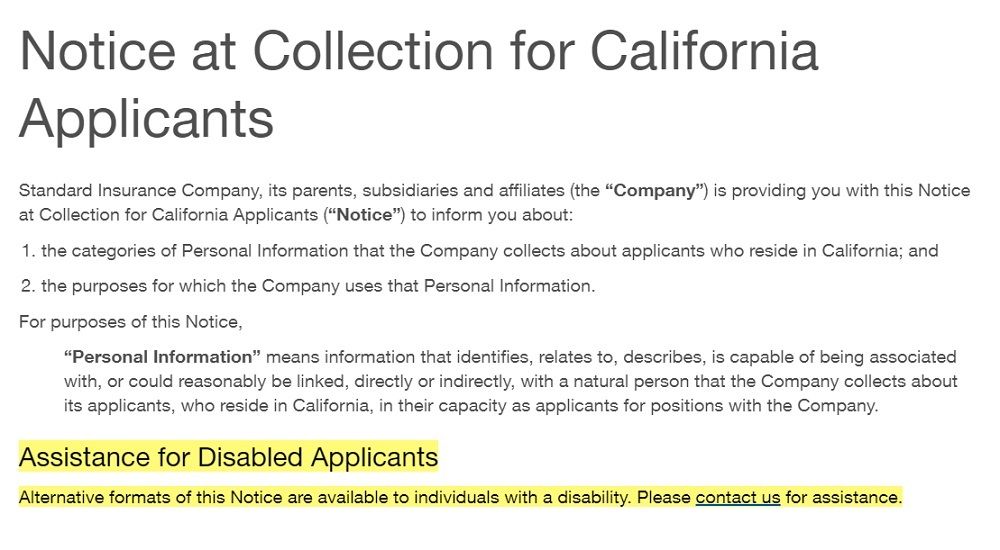 Standard Notice at Collection: Assistance for Disabled Applicants section