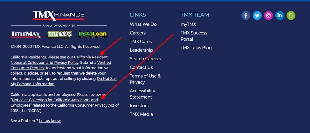 TMX Finance website footer with Notice at Collection links highlighted