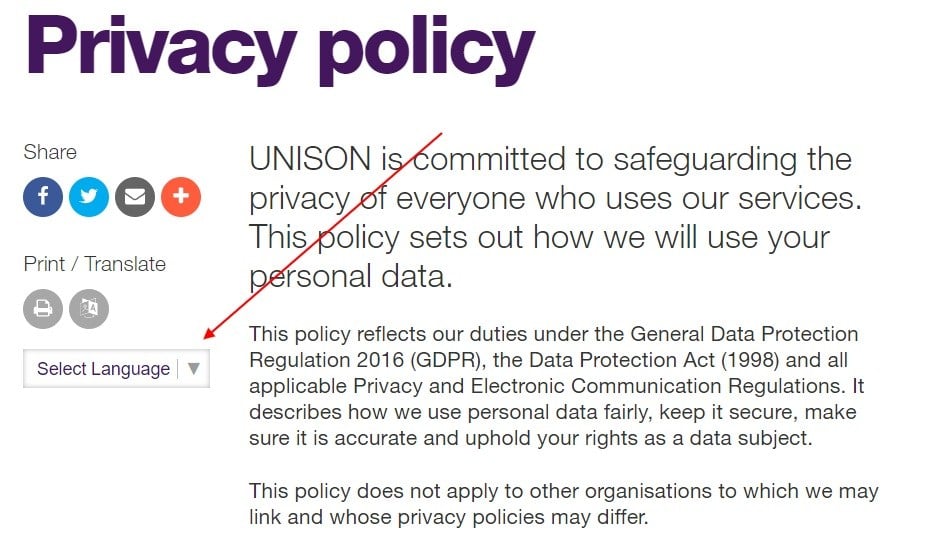 Unison Privacy Policy: Introduction with Select Language section highlighted