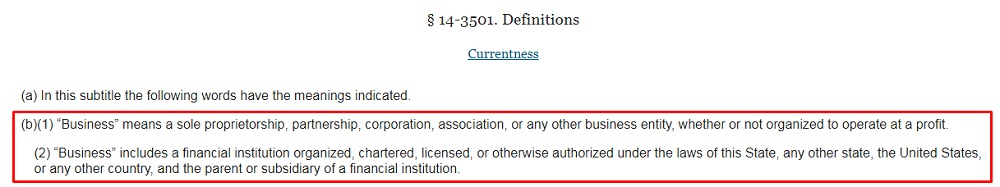 West Annotated Code of Maryland Commercial Law: Definition of Business