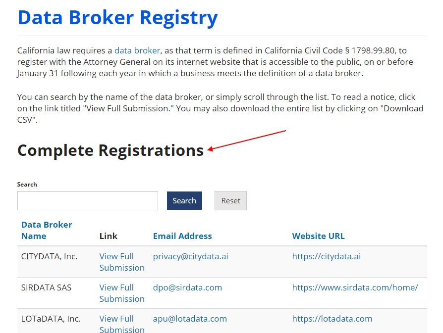 California Data Broker Registry: Complete Registrations search page