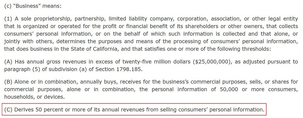 California Legislative Information: CCPA - Definition of Business - Revenue from selling personal information section