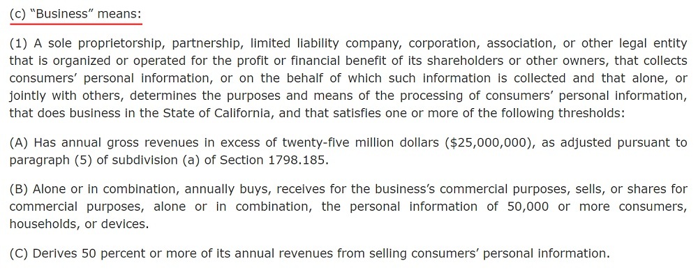 California Legislative Information: CCPA - Definition of Business - Version 2