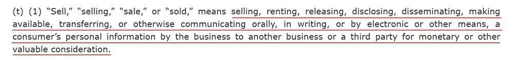 California Legislative Information: CCPA - Definition of Sale and Selling