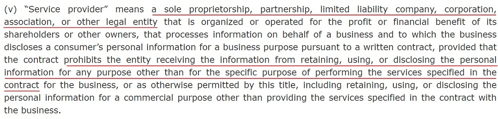 California Legislative Information: CCPA - Definition of Service provider