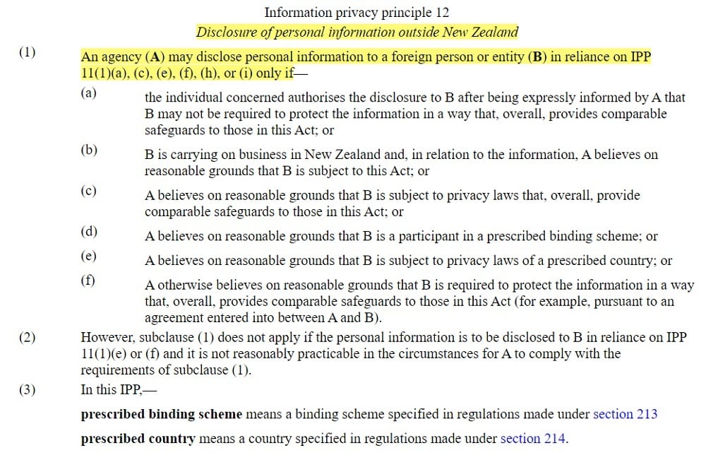 Parliamentary Counsel Office: New Zealand Legislation - Privacy Act 2020 Information privacy principle 12: Disclosure of personal information outside New Zealand