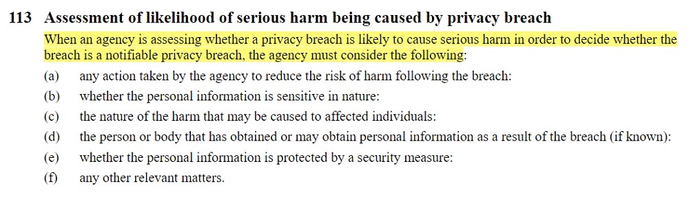 Parliamentary Counsel Office: New Zealand Legislation - Privacy Act 2020 Section 113: Assessment of likelihood of serious harm being caused by privacy breach