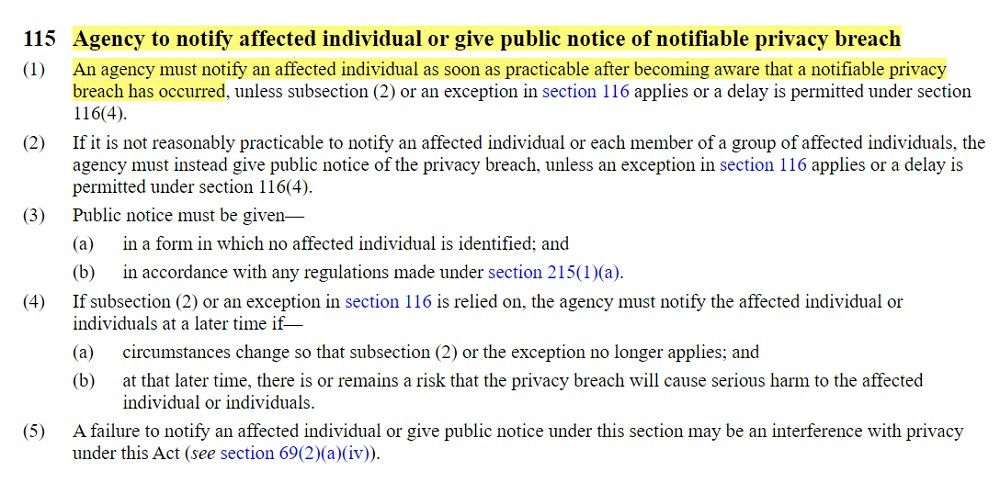 Parliamentary Counsel Office: New Zealand Legislation - Privacy Act 2020 Section 115: Agency to notify affected individual or give public notice of notifiable privacy breach