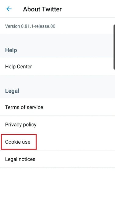 Twitter About Section showing Cookies Use in the Legal Menu of Mobile App