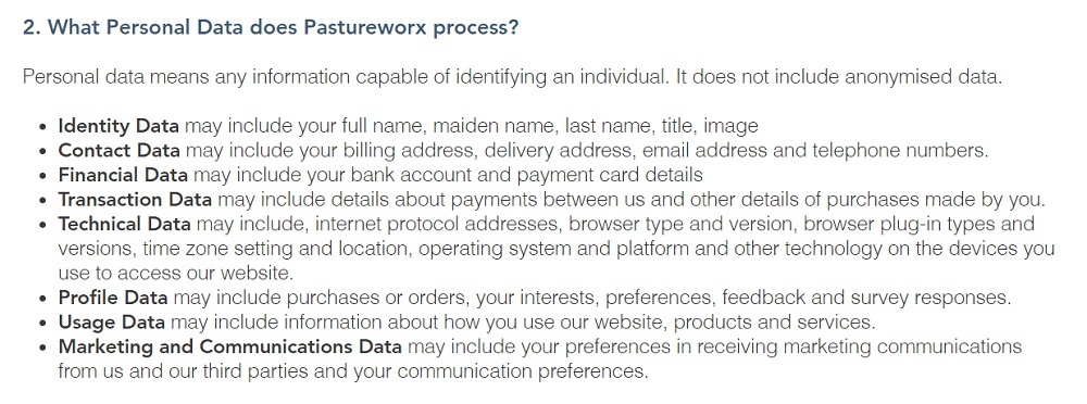 AerWorx Privacy Policy: What Personal Data does Pastureworx process clause