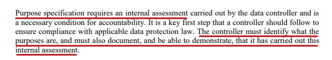 Article 29 Data Protection Working Party Opinion on Purpose Limitation: Excerpt of Purposes must be specified section - Internal assessment required