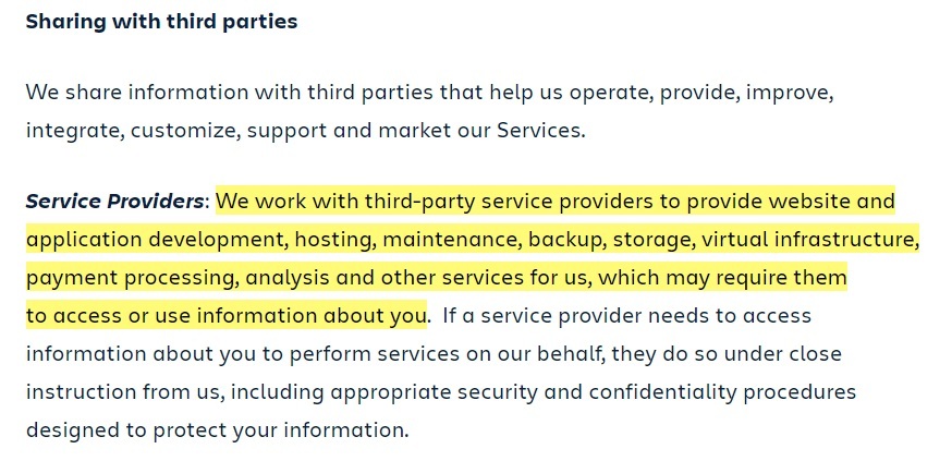 Atlassian Privacy Policy: Sharing with third parties clause