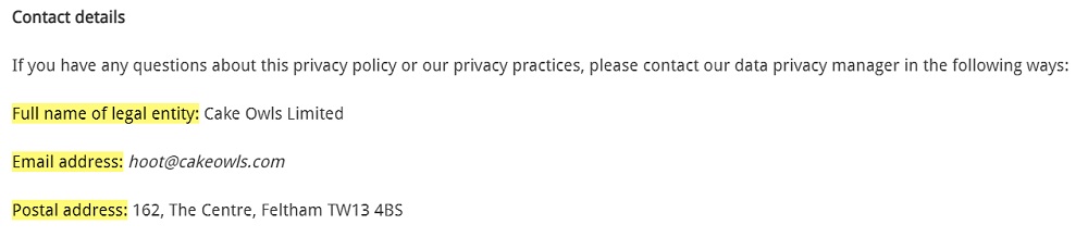 Cake Owls Privacy Policy: Contact details clause