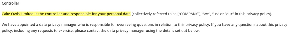 Cake Owls Privacy Policy: Controller clause