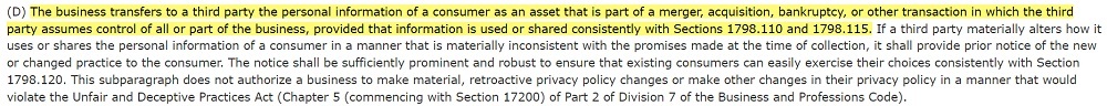 California Legislative Information: CCPA - Section 1798 140 - Definitions: Business transfers of personal information to a third party section