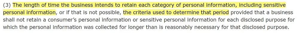 California Legislative Information: CPRA Section 1798 100 3 - Data retention time period
