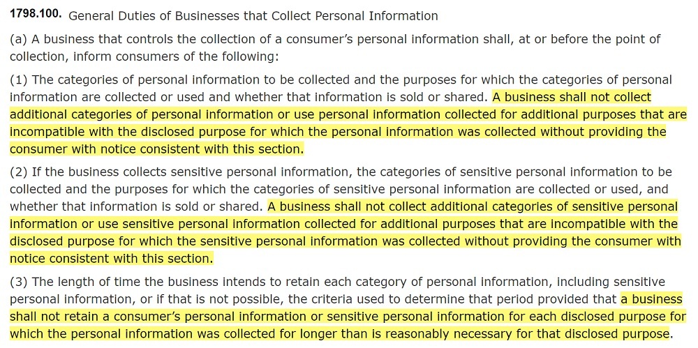 California Legislative Information: CPRA - Section 1798 100: General Duties of Businesses that Collect Personal Information