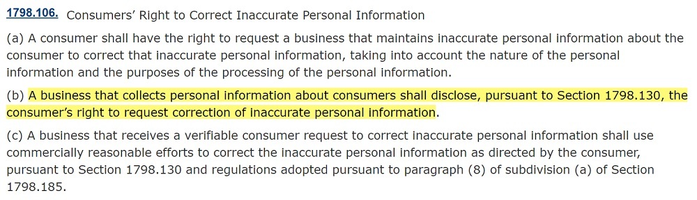 California Legislative Information: CPRA Section 1798 106 - Consumers Right to Correct Inaccurate Personal Information