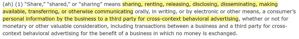 California Legislative Information: CPRA Section 1798 40 ah 1 - Definition of sharing