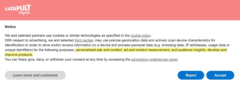 Digital Catapult cookie consent notice